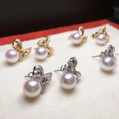Takaramonobr Ribbons 8.5-9.0 Mm White Japanese Akoya Pearl Earrings With Diamonds In 18K Gold