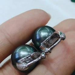 Takaramonobr 13.0-14.0 Mm Fixed Square Edge Diamond And Tahitian Pearl Hoop Earrings