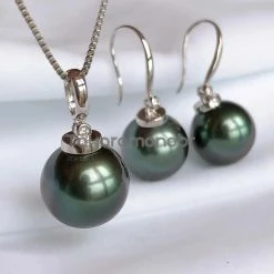Takaramonobr 12.0-13.0 Mm Tahitian Black Green Pearl & Diamond French Hooks Earrings/Pendant In G18k