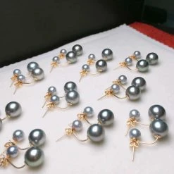 Takaramonobr Double Pearls Series | Tahitian Silver Blue & Akoya Pearl Stud Earrings In 18K Gold Akoya Pearls
