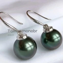 Takaramonobr 12.0-13.0 Mm Tahitian Black Green Pearl & Diamond French Hooks Earrings/Pendant In G18k