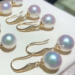 Takaramonobr Akoya Pearls 8.5-9.0 Mm White Akoya Pearl Dangle Sparkling Rain Earrings With Diamond In Gold