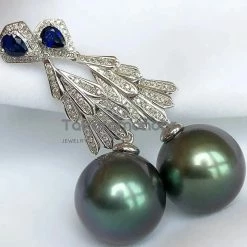 Takaramonobr Black Pearls Plumage 13.0-14.0 Mm Tahitian Blue Green Pearl & Diamond Sapphire Earrings In G18k