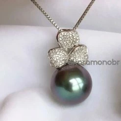 Takaramonobr Clover 12.0-14.0 Mm Tahitian Purplish Black Pearl & Diamond Earrings/Pendant In 18K White Gold Different Pearl Type In Same Style