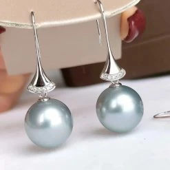 Takaramonobr 11.0-12.0 Mm Silver-Blue Tahitian Pearl Stiletto Diamonds Pearl Earrings