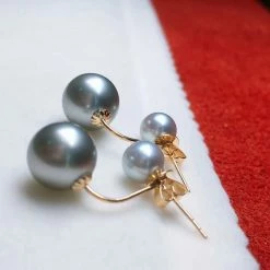 Takaramonobr Double Pearls Series | Tahitian Silver Blue & Akoya Pearl Stud Earrings In 18K Gold Akoya Pearls