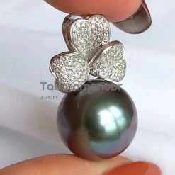 Takaramonobr Clover 12.0-14.0 Mm Tahitian Purplish Black Pearl & Diamond Earrings/Pendant In 18K White Gold Different Pearl Type In Same Style
