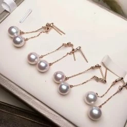 Takaramonobr 7.5-8.0 Mm White Akoya Pearl Dangle Twig Earrings With Diamonds