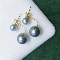 Takaramonobr Double Pearls Series | Tahitian Silver Blue & Akoya Pearl Stud Earrings In 18K Gold Akoya Pearls
