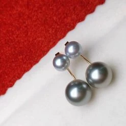Takaramonobr Double Pearls Series | Tahitian Silver Blue & Akoya Pearl Stud Earrings In 18K Gold Akoya Pearls