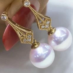 Takaramonobr 8.0-8.5 Mm Japanese Akoya Cultured Pearl Earring Pair With Diamonds In White Akoya Pearls