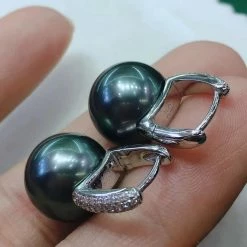 Takaramonobr 13.0-14.0 Mm Fixed Square Edge Diamond And Tahitian Pearl Hoop Earrings