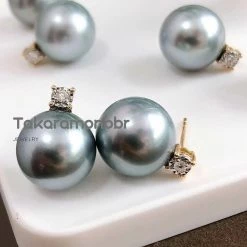 Takaramonobr Forever Elegant 10.0-11.0 Mm Tahitian Silver Blue Pearl & Diamond Stud Earrings/Pendant In 18K Gold Blue Pearls