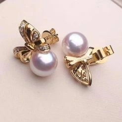 Takaramonobr Ribbons 8.5-9.0 Mm White Japanese Akoya Pearl Earrings With Diamonds In 18K Gold