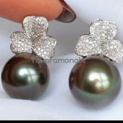 Takaramonobr Clover 12.0-14.0 Mm Tahitian Purplish Black Pearl & Diamond Earrings/Pendant In 18K White Gold Different Pearl Type In Same Style