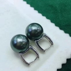 Takaramonobr 13.0-14.0 Mm Fixed Square Edge Diamond And Tahitian Pearl Hoop Earrings