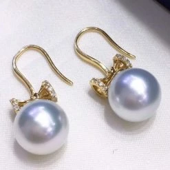 Takaramonobr Different Pearl Type In Same Style Passion 9.0-10.0 Mm White South Sea Pearl & Diamond Dangle Earrings In Gold