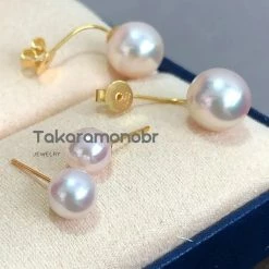 Takaramonobr Akoya Pearls Double Pearls 5.5-6.0 Mm & 8.5-9.0 Mm White Akoya Pearl Stud Earrings In 18K Gold