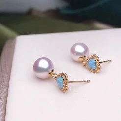 Takaramonobr Akoya Pearls Sweetheart 7.0-7.5 Mm Roound White Akoya Pearl Dangle Earrings With Opal