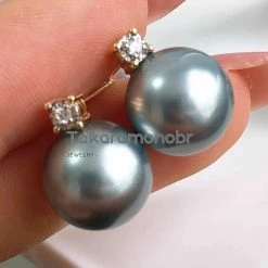 Takaramonobr Forever Elegant 10.0-11.0 Mm Tahitian Silver Blue Pearl & Diamond Stud Earrings/Pendant In 18K Gold Blue Pearls
