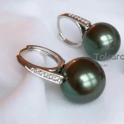 Takaramonobr 12.0-13.0 Mm Fixed Round Edge Diamond And Tahitian Pearl Hoop Earrings