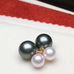 New ⭐ Takaramonobr Double Pearls Tahitian & Akoya Pearl Mounted On 18-Karat Yellow Gold ❤️ 10 Takaramonobr Double Pearls Tahitian & Akoya Pearl Mounted On 18-Karat Yellow Gold