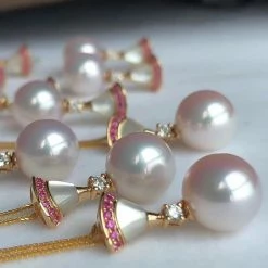 Takaramonobr Fanshaped 8.5-9.0 Mm White Akoya Pearl Dangle Earrings With Diamonds & Ruby In Gold Akoya Pearls