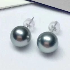 Takaramonobr 9.0-10.0 Mm Tahitian Silver Blue Pearl Stud Earrings Mounted On 18-Karat White Gold Blue Pearls