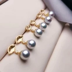 Takaramonobr Akoya Pearls Ginkgo Leaf 8.0-8.5 Mm Silver-Blue Round Akoya Pearl Earrings With Diamond In 18K Gold