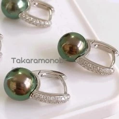 Takaramonobr 9.0-10.0 Mm Fixed Square Edge Diamond And Tahitian Pearl Hoop Earrings