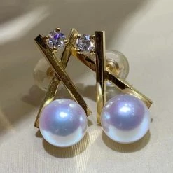 Takaramonobr Matchstick 7.5-8.0 Mm Akoya Cultured Pearl Earrings With Diamond In 18K Gold Akoya Pearls