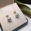 Takaramonobr Akoya Pearls 8.0-8.5 Mm Silver-Blue Akoya Pearl Earrings With Diamonds In 18K Gold