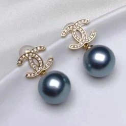 Takaramonobr Blue Pearls Double-C 9.0-10.0 Mm AAA Tahitian Silver Blue Pearl Earrings Mounted On 18K Gold With Diamond