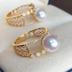 Takaramonobr Symmetry 8.0-8.5 Mm Japanese Akoya Pearl & Diamond Ring