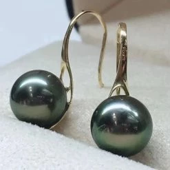 Takaramonobr Fixed Short French Hook Pearl Earrings, 8.0-9.0mm Tahitian Black Green Pearl Earrings Black Pearls