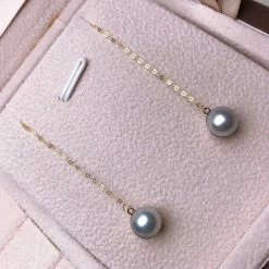 Takaramonobr 7.5-8.0 Mm Japanese Silver-Blue Akoya Pearl Threader Earrings In 18K Gold Akoya Pearls