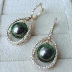 Takaramonobr Infinity Love 9.0-10.0 Mm Tahitian Peacock Pearl Dangle Earrings Mounted On 18K Gold With Diamonds Different Pearl Type In Same Style
