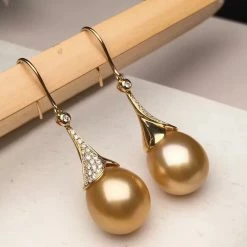 Takaramonobr Diamond Trumpet French Hook Pearl Earrings, 12.0-13.0 Mm Golden South Sea Pearl