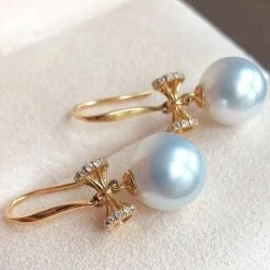 Takaramonobr Different Pearl Type In Same Style Passion 9.0-10.0 Mm White South Sea Pearl & Diamond Dangle Earrings In Gold