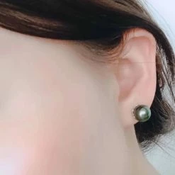 Takaramonobr 9.0-10.0 Mm AAA Tahitian Deep Green Pearl Stud Earrings In 18K White Gold