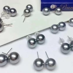 Takaramonobr 9.0-10.0 Mm Tahitian Silver Blue Pearl Stud Earrings Mounted On 18-Karat White Gold Blue Pearls