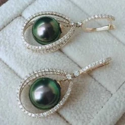 Takaramonobr Infinity Love 9.0-10.0 Mm Tahitian Peacock Pearl Dangle Earrings Mounted On 18K Gold With Diamonds Different Pearl Type In Same Style