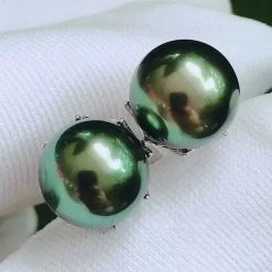 Takaramonobr 9.0-10.0 Mm AAA Tahitian Deep Green Pearl Stud Earrings In 18K White Gold