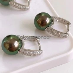 Takaramonobr 9.0-10.0 Mm Fixed Square Edge Diamond And Tahitian Pearl Hoop Earrings