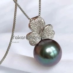 Takaramonobr Clover 12.0-14.0 Mm Tahitian Purplish Black Pearl & Diamond Earrings/Pendant In 18K White Gold Different Pearl Type In Same Style