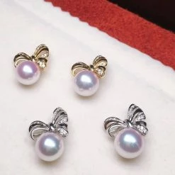 Takaramonobr Ribbons 8.5-9.0 Mm White Japanese Akoya Pearl Earrings With Diamonds In 18K Gold