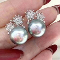 Takaramonobr White Lily 11.0-12.0 Mm Tahitian Silver-Blue Pearl Earrings In 18K Gold With Diamonds Blue Pearls