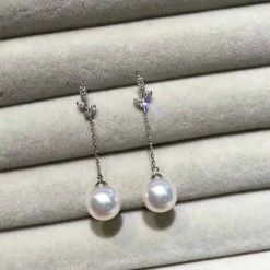 Takaramonobr 7.5-8.0 Mm White Akoya Pearl Dangle Twig Earrings With Diamonds