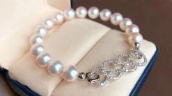 Takaramonobr 7.5-8.0 Mm Near Gem White Akoya Pearl Bracelet & Diamond In 18K Gold Clasp Akoya Pearls