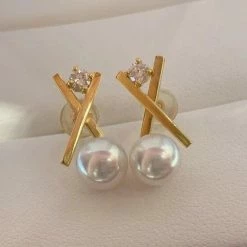 Takaramonobr Matchstick 7.5-8.0 Mm Akoya Cultured Pearl Earrings With Diamond In 18K Gold Akoya Pearls